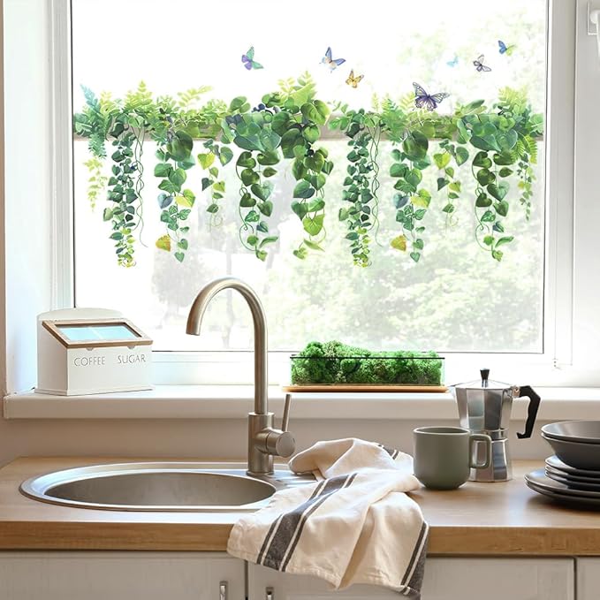 Green Leaf Wall Decals Hanging Vine Wall Stickers Plant Butterfly Wall Decal DIY Removable Wall Art Decals Peel and Stick Art Murals for Kitchen Bedroom Classroom Kids Nursery Decor