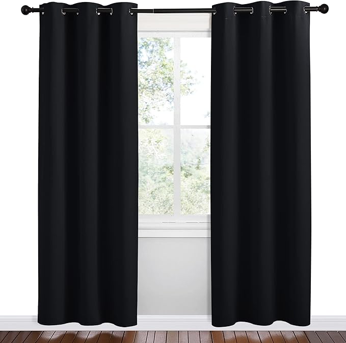 NICETOWN Halloween Bathroom Blackout Thermal Curtains and Drapes, 2 Panels, 42 inches Wide by 78 inches Long, Black, Solid Thermal Insulated Grommet Blackout Drapery Panels for Window