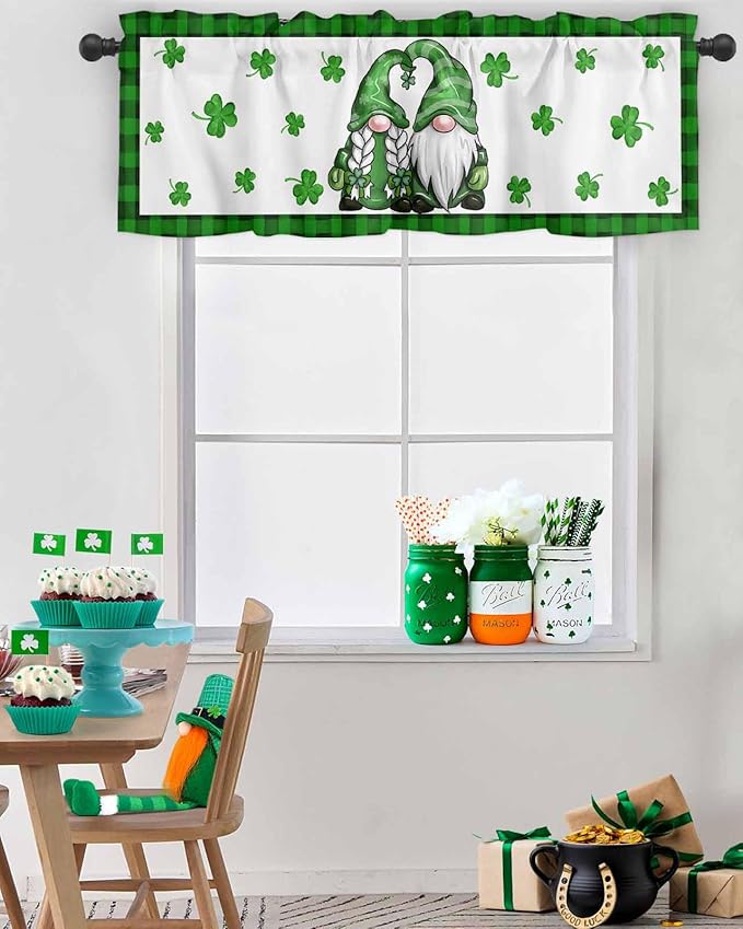 Gnome St. Patrick's Day Kitchen Curtains Valances for Windows Buffalo Plaid Shamrock Rod Pocket Window Treatment for Kitchen /Living Room/Bedroom/ Bathroom, 54" X 18", Seasonal Spring Holiday