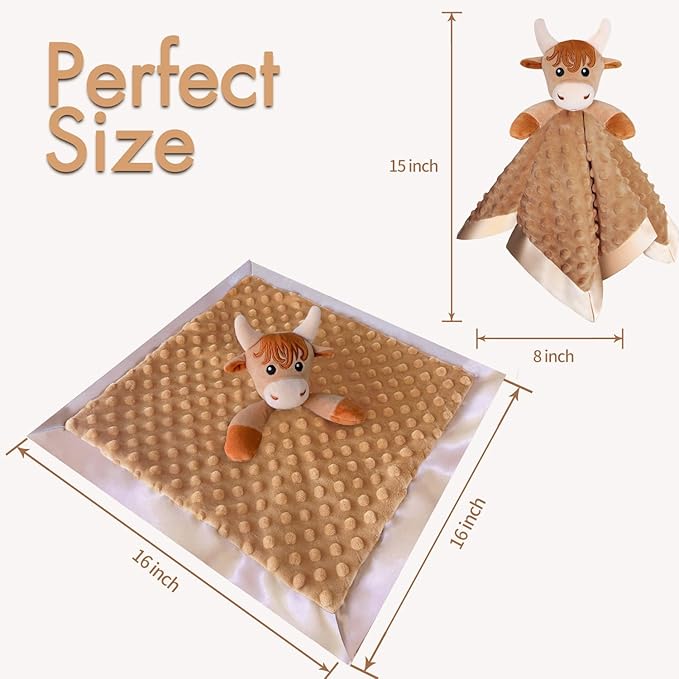 Highland Cow Baby Security Blanket Loveys for Babies Girls, 16" Soft Baby Lovey Blanket, Baby Snuggle Stuffed Animals Blankie, Baby Boy Girl Gifts for Infant and Toddler, 2 Pack