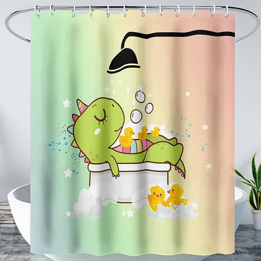 AILONEN Cartoon Shower Dinosaur Shower Curtain for Kids,Funny Green Dinosaur Shower Curtain Set with Hooks,72" W*84" H
