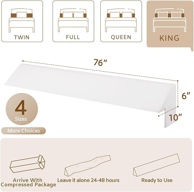 King Wedge Pillow Headboard, Bed Wedge Pillow for Headboard, Foam Headboard Pillow, Bed Gap Filler King - Fill The Gap (0-7") Between Headboard and Mattress (White, 76"x10"x6")