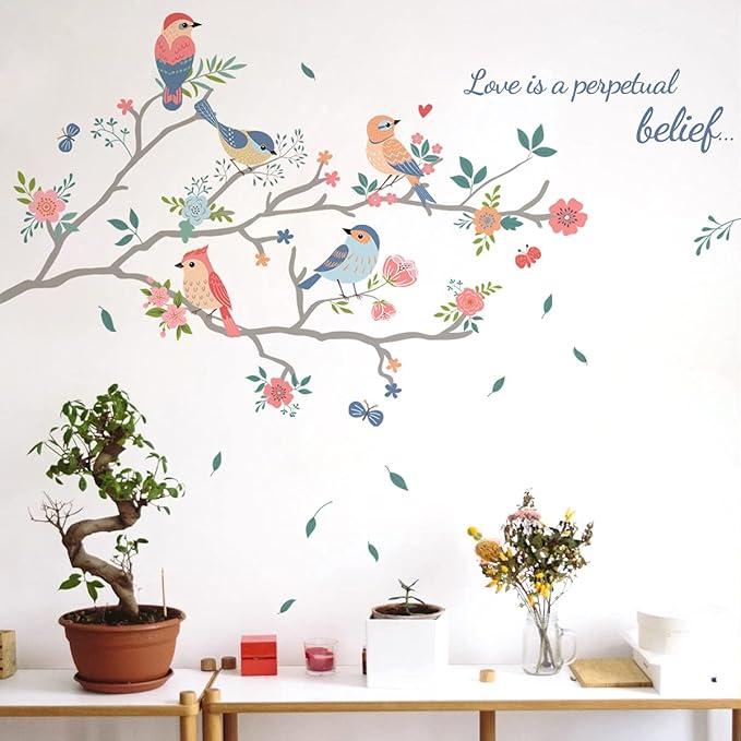 Cartoon Birds on The Tree Branch Wall Sticker Green Leaf and Flying Bird Wall Sticker DIY Art Vinyl Wall Decal Decoration for Garden Living Room Bedroom Kitchen Playroom Nursery Room