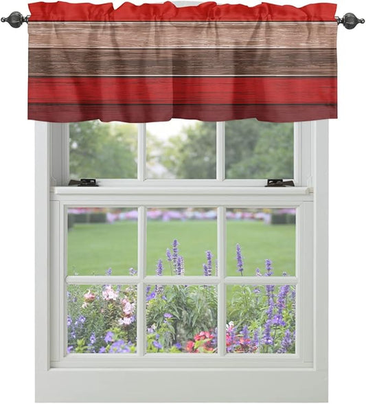 Farmhouse Kitchen Curtains Valances for Windows , Christmas Red Brown Rod Pocket Country Window Treatment for Kitchen /Living Room/Bedroom/ Bathroom,54" X 18" -1 Panel, Retro Rustic Barn Wood Texture