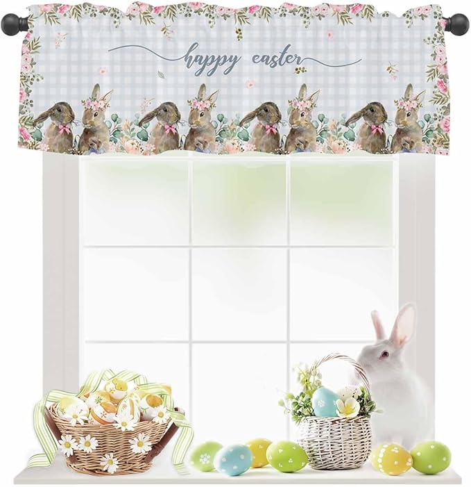Rabbits Flowers Easter Kitchen Curtains Valances for Windows Eucalyptus Leaf Spring Summer Rod Pocket Window Treatment for Kitchen /Living Room/Bedroom/ Bathroom, 42" X 18", Grey White Buffalo Plaid