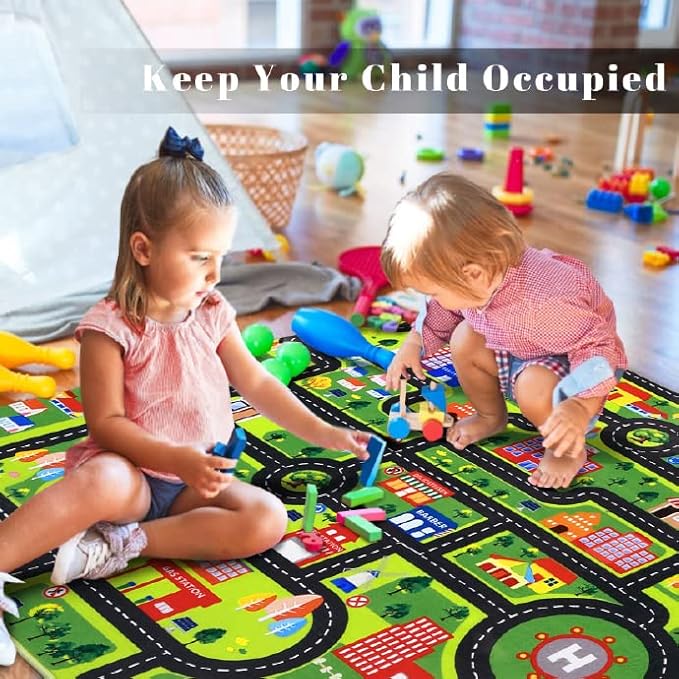 Kids Playmat Car Rug Educational Car Rugs Large City Life Play Mat for Bedroom Play Room Round Rug Non Slip Kids Foam Rug Playtime Activity Mat for Toddler Baby Boys and Girls 4 x 4