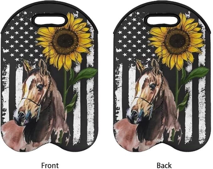doginthehole Horse Wine Bag Double Wine Carry Bag Reusable Neoprene Wine Tote Insulated Bag American Flag Sunflower Print Wine Accessories Gift for Women Champagne Carrier Bag