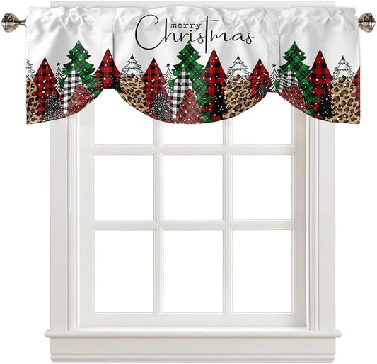 Merry Christmas Blackout Tie Up Valance Curtains for Kitchen Windows Buffalo Plaid Xmas Tree Winter Forest Farmhouse Window Toppers Balloon Shades for Living Room/Bath/Bedroom, 54" X 18", Red Green