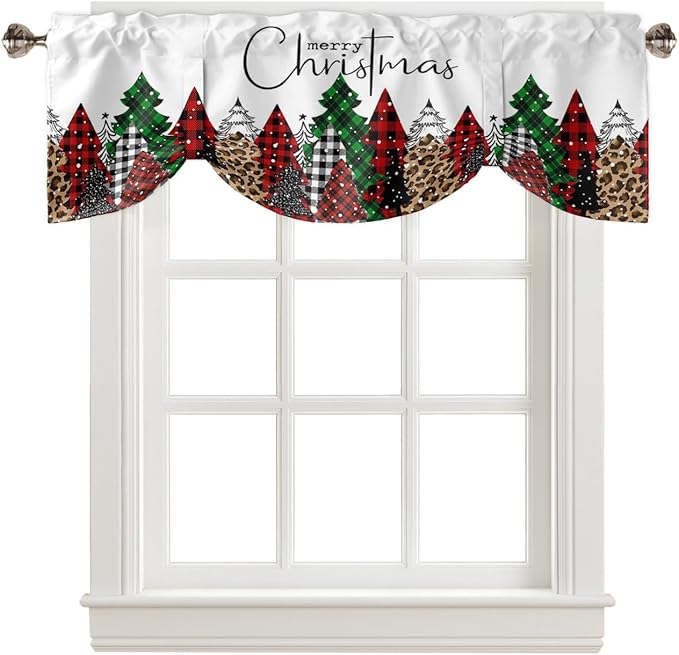 Merry Christmas Blackout Tie Up Valance Curtains for Kitchen Windows Buffalo Plaid Xmas Tree Winter Forest Farmhouse Window Toppers Balloon Shades for Living Room/Bath/Bedroom, 60" X 18", Red Green