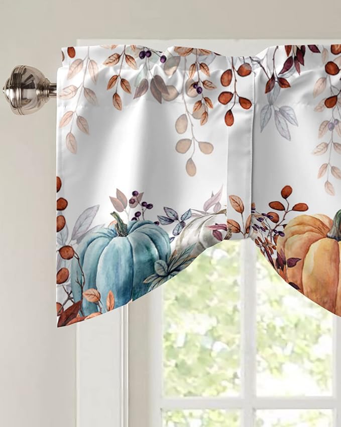 Fall Thanksgiving Blackout Tie Up Valance Curtains for Kitchen Windows Watercolor Autumn Pumpkins Eucalyptus Leaves Window Toppers Balloon Shades for Living Room/Bathroom/Bedroom,42" X 12",Blue Orange