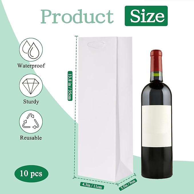 KEYYOOMY Wine Gift Bags - 10 Pack White Kraft Paper Wine Bottle Gift Bags with Handles for Wedding Birthday Housewarming Christmas Party Supplies(10CT,13.8x4.3x3.5 IN,White)