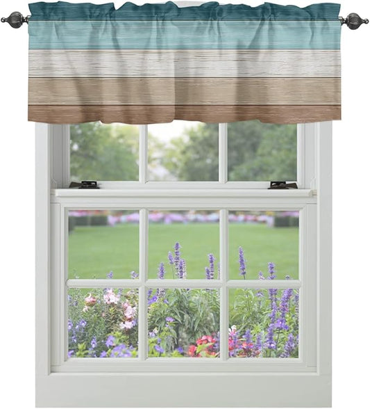 Farmhouse Kitchen Curtains Valances for Windows ,Teal Blue Brown Beach Rod Pocket Country Window Treatment for Kitchen /Living Room/Bedroom/ Bathroom,42" X 12" -1 Panel, Retro Rustic Barn Wood Texture