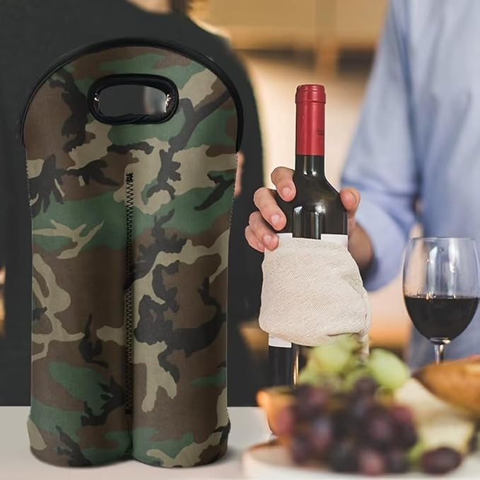 doginthehole Camouflage Wine Carrier Tote Bag 2 Bottle Insulated Neoprene Wine/Water Bottle Holder Green Camo Print Champagne Carrier Bag Portable Wine Carrying Bag Gift for Women Men Wine Lover