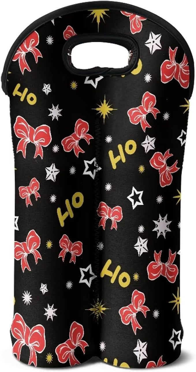 doginthehole Bowknot Print Wine Bag 2 Bottle Wine Tote Carrier Insulated Wine Cooler Bag for Travel Picnic Christmas Ho Ho Ho Portable Neoprene Wine Tote Holder Household Supplies Christmas Decor