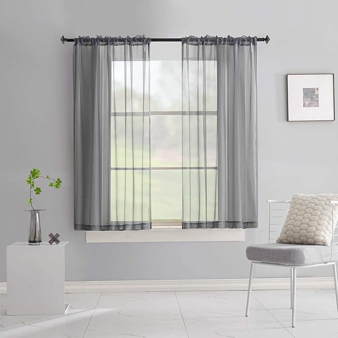 Gray Sheer Voile Curtains Short Translucent Solid Color Window Treatment 45 Inch Length Panels Rod Pocket Grey Sheers 45 Inches Long for Small Window Bedroom Living Room kitchen 2 Panels 52x45