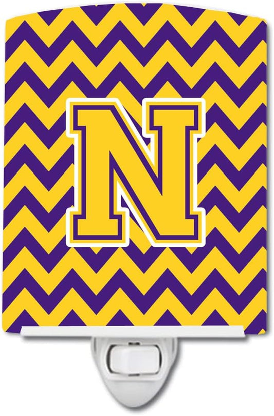 Caroline's Treasures CJ1041-NCNL Letter N Chevron Purple and Gold Ceramic Night Light Compact, UL-Certified, Ideal for Bedroom, Bathroom, Nursery, Hallway, Kitchen, 6x4x3, Multicolor