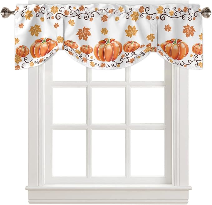Fall Maple Leaves Blackout Tie Up Valance Curtains for Kitchen Windows Thanksgiving Watercolor Pumpkins Window Toppers Balloon Shades for Living Room/Bathroom/Bedroom,1 Panel,42" X 18" Orange