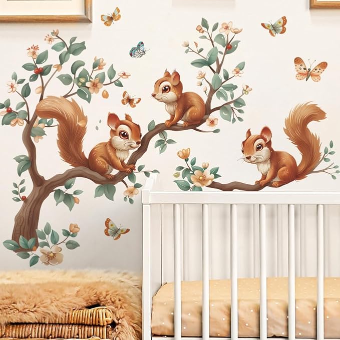 Squirrel Wall Decals Tree Branch Butterfly Wall Stickers Peel and Stick Wall Art Decals for Nursery Classroom Bedroom Office Living Room Decor (Squirrel)