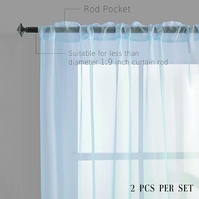 Sky Blue Sheer Curtains 45 Inch Length for Small Windows Rod Pocket Sheer Curtains Light Filtering Blue Drapes for Kitchen/Living room/Bedroom 52 x 45 Inches 2 Panels