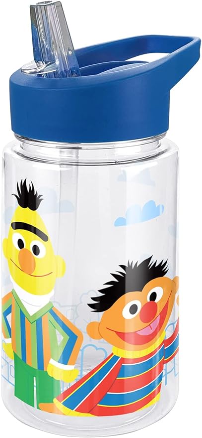 LOGOVISION Sesame Street Kids Tritan Plastic Water Bottle with Straw Lid and Handle, Reusable Tumbler for Toddlers, Unisex for Girls and Boys, 12oz, Big Burt and Ernie