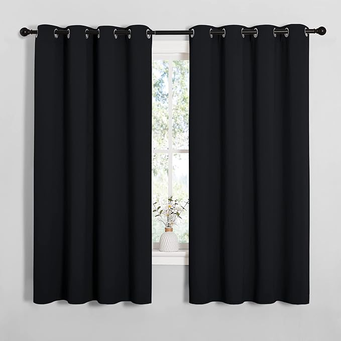 NICETOWN Halloween Bathroom Blackout Curtains and Drapes, Black Solid Thermal Insulated Grommet Blackout Drapery Panels for Window (2 Panels, 55 inches Wide by 68 inches Long, Black)