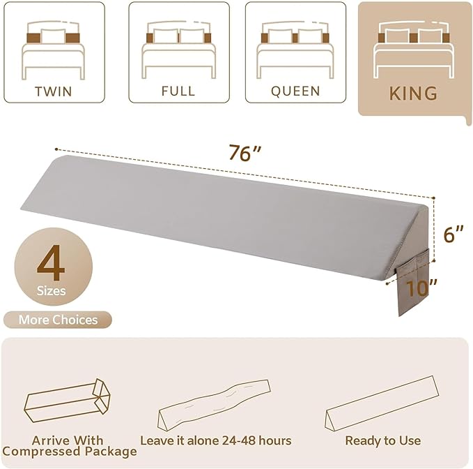 King Bed Wedge Pillow for Headboard, Foam Headboard Pillow, Bed Gap Filler, Mattress Wedge, Mattress Gap Filler King - Fill The Gap (0-7") Between Headboard and Mattress (Gray, 76"x10"x6")
