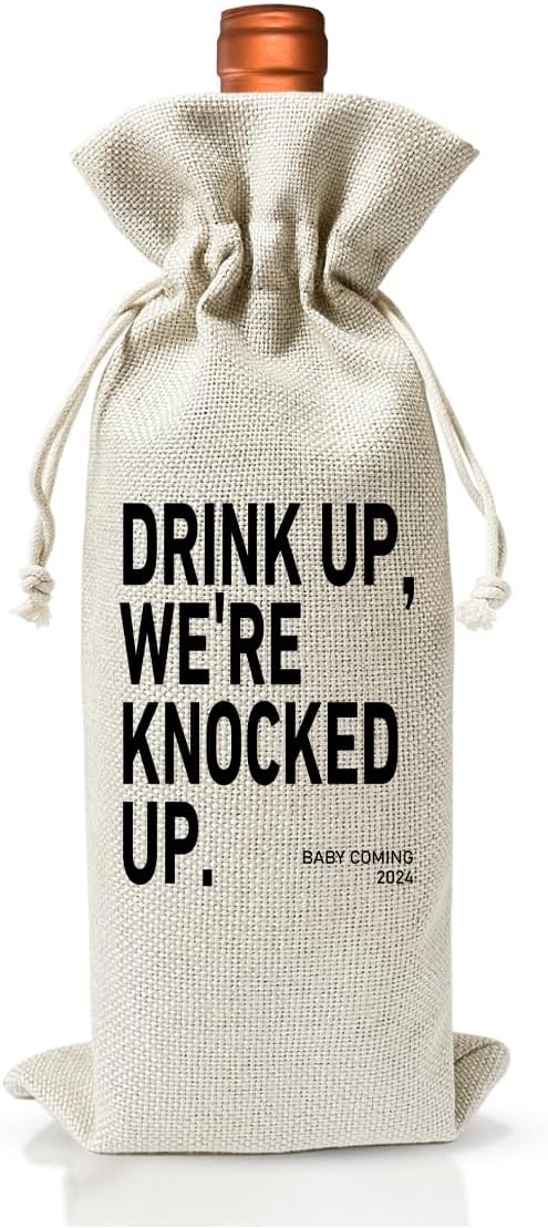 Drink up We're Knocked Up, Pregnancy Announcement Gift Wine Bag, Baby or Pregnancy Reveal Gift, Baby Shower Decor, Baby Party Favor, Gender Pregnancy Announcement for New Grandparents Uncle