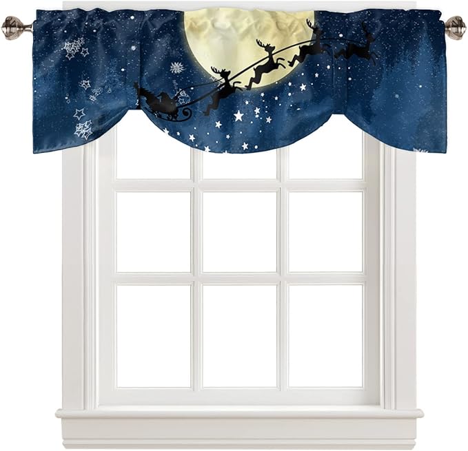Christmas Blackout Tie Up Valance Curtains for Kitchen Windows Santa Claus Reindeer Window Toppers Balloon Shades for Living Room/Bathroom/Bedroom,1 Panel,54" X 18" Blue Snowy Night