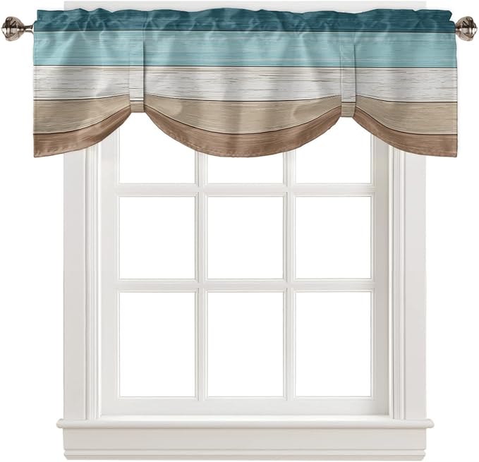 Farmhouse Blackout Tie Up Valance Curtains for Kitchen Windows,Teal Blue Brown Beach Window Toppers Balloon Shades for Living Room/Bathroom/Bedroom,1 Panel,54" X 18" Retro Rustic Barn Wood Texture