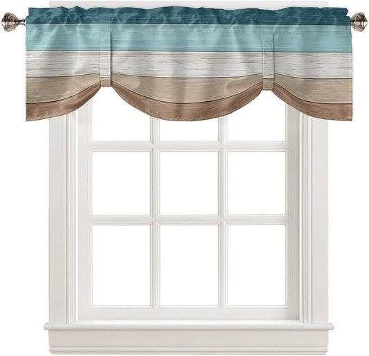 Farmhouse Blackout Tie Up Valance Curtains for Kitchen Windows,Teal Blue Brown Beach Window Toppers Balloon Shades for Living Room/Bathroom/Bedroom,1 Panel,42" X 12" Retro Rustic Barn Wood Texture