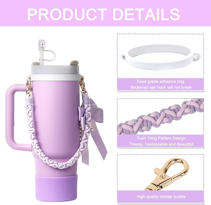 BELSITA Stanley Cup Accessories Set, Bow Pearl Chain Braided Design Water Bottle Handle Strap, Silicone Stanley Cup Boot, Stanley Charms for Stanley Cup 30/40oz Tumble (Purple)