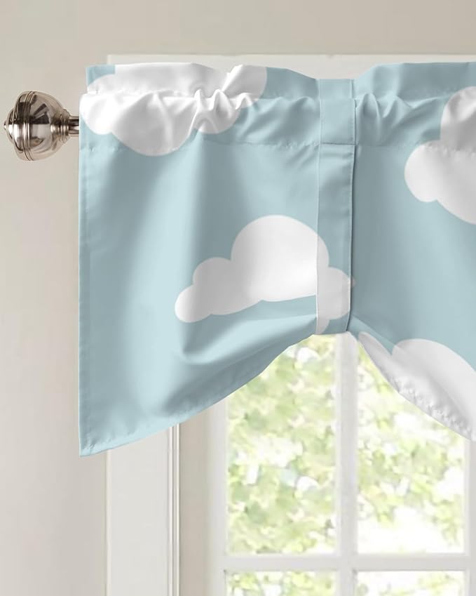 Kids Blackout Tie Up Valance Curtains for Kitchen Windows Blue White Cloud Cartoon Window Toppers Balloon Shades for Living Room/Bathroom/Bedroom,1 Panel,42" X 18"