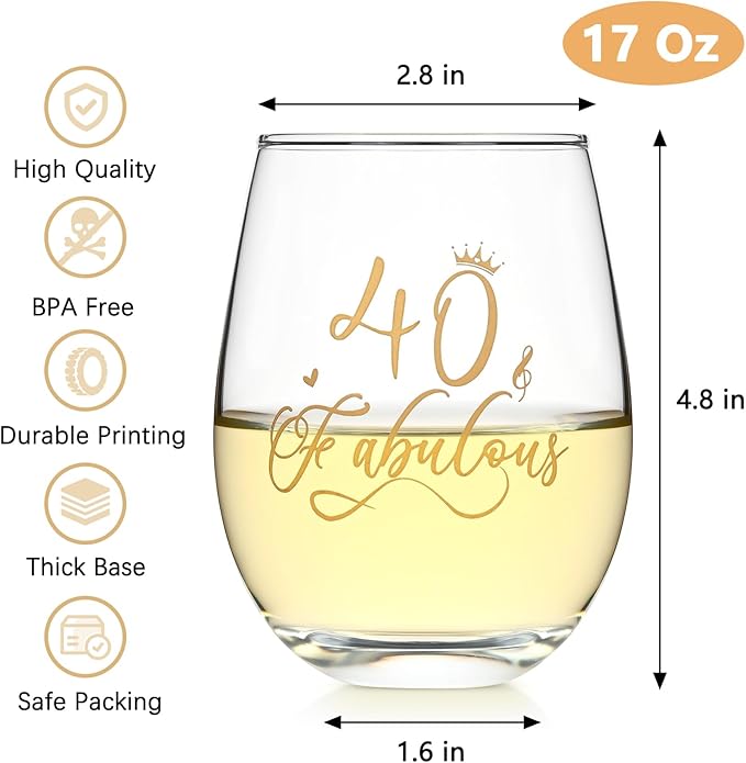 DAZLUTE 40th Birthday Gifts for Women, 40 & Fabulous Wine Glass with 1 Pack Reusable Burlap Wine Bag, 40 Year Old Wine Glass Birthday Gift for Women Mom Friend Sister Wife Aunt Coworker, 17 Oz Gold