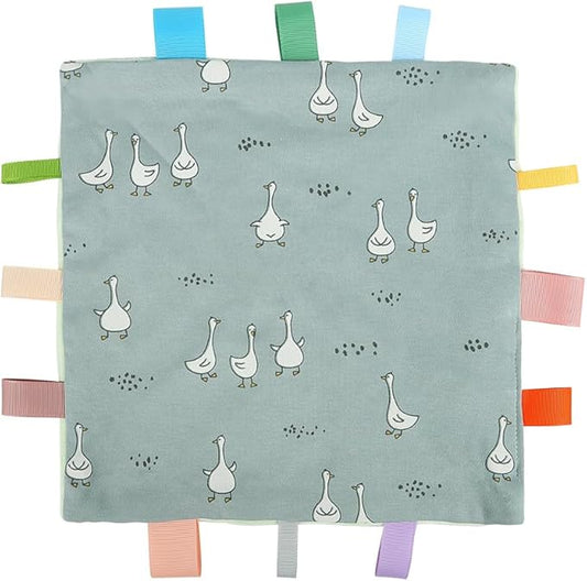 Baby Tags Security Blanket, Sensory Soothing Blanket with Tags,Dotted Backing Taggies Blanket for 3-12 Months Boys and Girls. (Duck)
