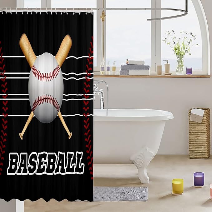 Baseball Shower Curtain Kids Ball Sports Theme Bathroom Shower Curtain Set for Boys Girls Teens Bat Baseball Games Bath Curtain for Bathtub Polyester Baseball Lover Bathroom Accessories 72"x72"