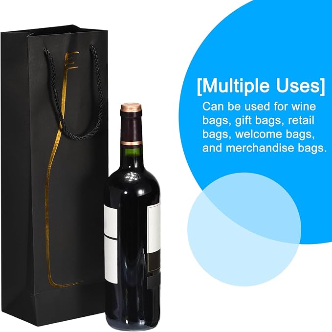uxcell Wine Bags, 1pcs Black Gold 5 x 4 x 15 In Wine Gift Bags with Rope Handles Paper Wine Tote Bag for Wedding Birthday Christmas Party Supplies