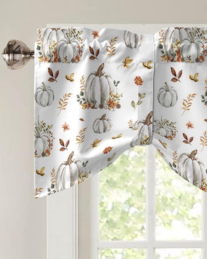 Fall Floral Leaves Blackout Tie Up Valance Curtains for Kitchen Windows Thanksgiving Pumpkins Window Toppers Balloon Shades for Living Room/Bathroom/Bedroom,1 Panel,54" X 18" Boho
