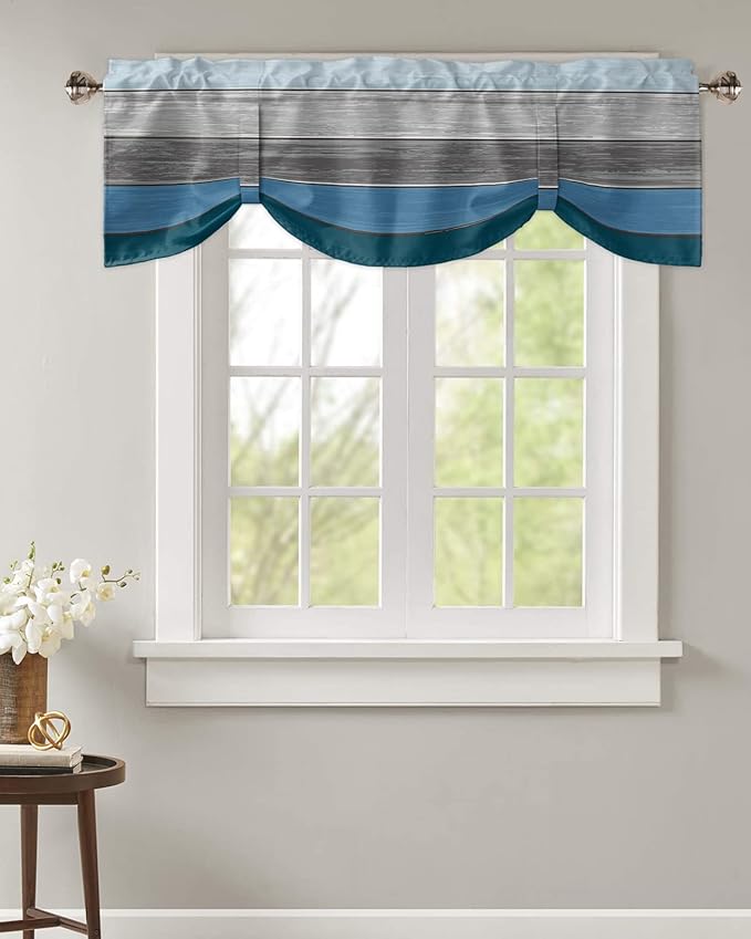 Farmhouse Blackout Tie Up Valance Curtains for Kitchen Windows,Blue Gray Ocean Hues Window Toppers Balloon Shades for Living Room/Bathroom/Bedroom,1 Panel,42" X 18" Retro Rustic Barn Wood Texture