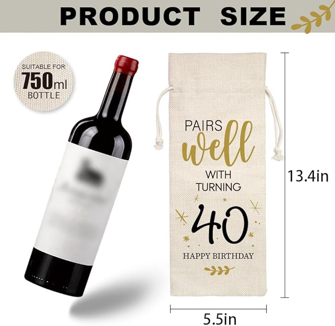 YAANUNULU 40th Birthday Gifts for Women Men, 40 Years Old Birthday Wine Bag Gifts, 40th Birthday Decorations, 1984 Birthday Gift, Happy 40th Birthday Party Wine Bag Gifts, Pairs Well With Turning 40