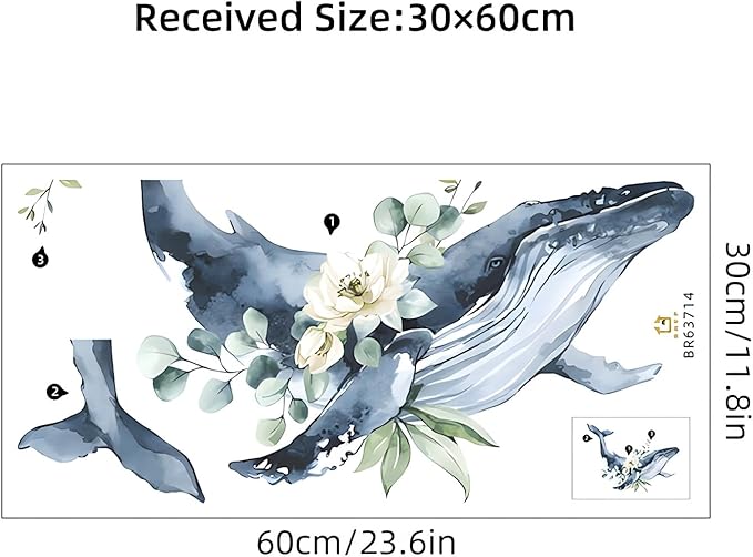 Cute Wreath Humpback Whale Wall Stickers, sacinora Cartoon Sea Animal Wall Decals Removable Vinyl Peel and Stick for Kids Baby Nursery Living Room Bedroom Children's Room Bathroom Art Decorations