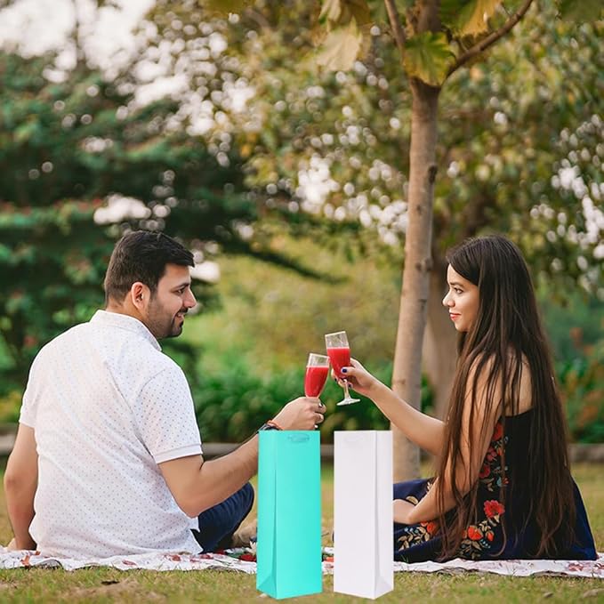 KEYYOOMY Wine Gift Bags - 10 Pack Teal Blue Kraft Paper Wine Bottle Gift Bags with Handles for Wedding Birthday Housewarming Christmas Party Supplies(10CT,13.8x4.3x3.5 IN,Teal Blue)