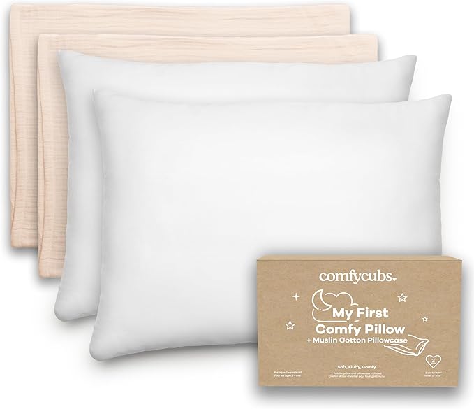 Comfy Cubs Toddler Pillow with Soft Muslin Pillowcase, 13"x18", Cream (2 Pack) - Kids Pillow for Sleeping & Travel - Comfortable Small Pillow - Kids Travel Pillow with Breathable Microfiber Fill