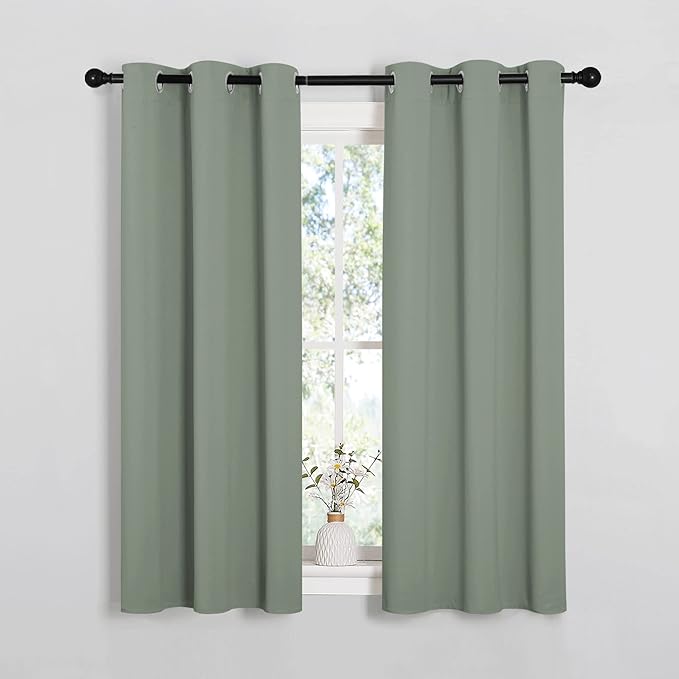 NICETOWN Window Curtain Panels, Thermal Insulated Solid Grommet Blackout Draperies/Drapes for Basement (Greyish Green, 1 Pair, 34 by 54-inch)