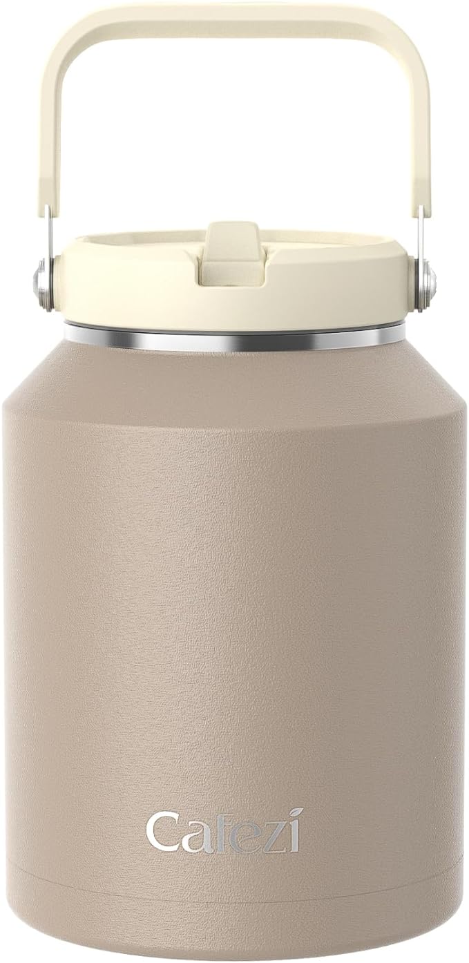 Half Gallon Water Jug 64oz, Stainless Steel Water Bottles with Flip Straw and Top Handle, Leak Proof, No Sweat, Iced for 34 Hours, Vacuum Insulated Cup for Home, Office, Outdoors, Car