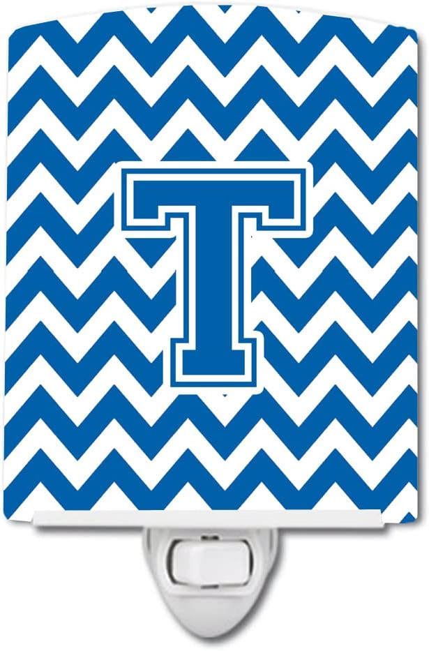 Caroline's Treasures CJ1056-TCNL Letter T Chevron Blue and White Ceramic Night Light Compact, UL-Certified, Ideal for Bedroom, Bathroom, Nursery, Hallway, Kitchen, 6x4x3, Multicolor