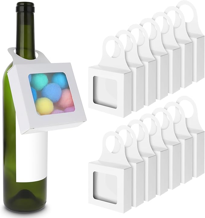 Sibba Kraft Paper Wine Bottle Box 14 Pcs Hanging Foldable Gift Wine Accessory Sets Folding White Bags Reusable Package With Window Handles for Kitchen Dining Engagement Christmas Party