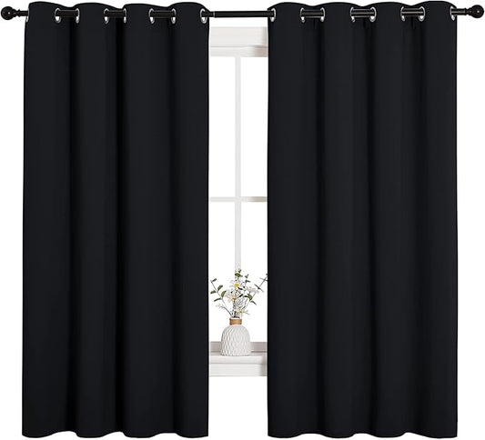 NICETOWN Halloween Bathroom Blackout Curtains and Drapes, Black Solid Thermal Insulated Grommet Blackout Drapery Panels for Window (2 Panels, 55 inches Wide by 68 inches Long, Black)