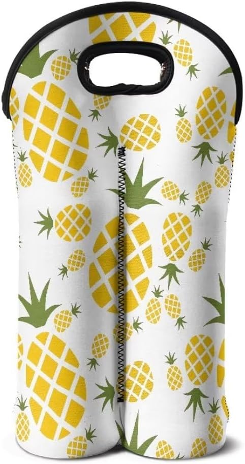 doginthehole Pineapple Print Neoprene Wine Bag Two Bottle Wine Gift Tote Bags Wine Carry Holder 750ML Portable Water Drinks Beer Insulated Bag for Travel, Picnic, Party