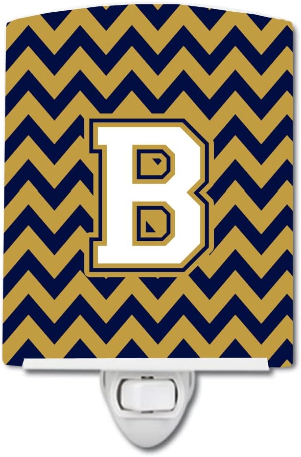 Caroline's Treasures CJ1057-BCNL Letter B Chevron Navy Blue and Gold Ceramic Night Light Compact, UL-Certified, Ideal for Bedroom, Bathroom, Nursery, Hallway, Kitchen, 6x4x3, Multicolor
