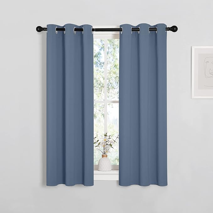 NICETOWN Thermal Insulated Curtains Blackout Draperies, Stone Blue, Set of 2, 29 by 40 inches Long, Window Treatment Solid Grommet Room Darkening Drape Panels for Bedroom